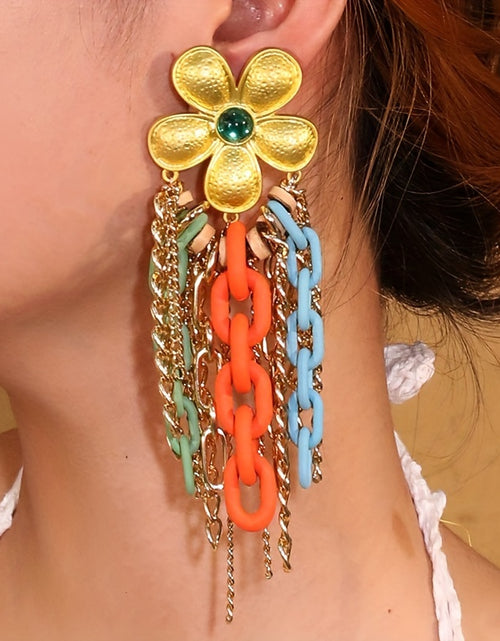 Load image into Gallery viewer, 1 Pair Bo ho Chic Alloy Flower Tassel Earrings with Colorful Acrylic Chains, Stainless Steel Posts - Lightweight