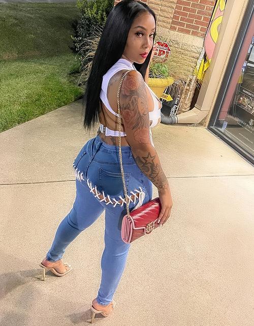 Load image into Gallery viewer, Women Plus Size Mid-waist Sexy Skinny Jeans With Sexy Cross Straps High Elasticity, Comfortable And Soft Denim Fabric