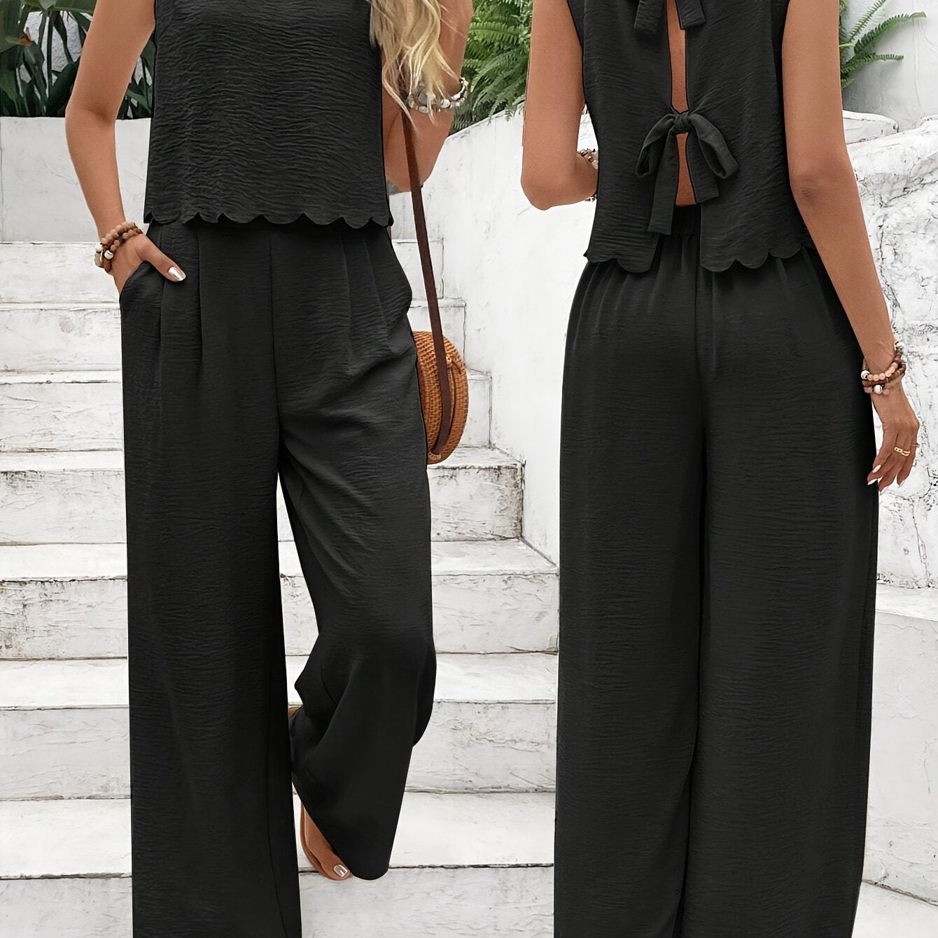 Frenchy Women Summer  Simple Everyday Old Money Style Linen Tie Two Piece Set, Tie Two Piece, Shell Trimmed Sleeveless Top And Pants