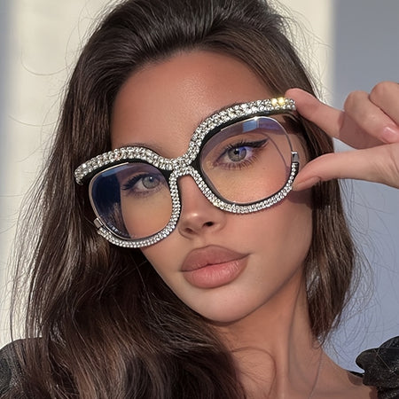 Women's Owl-Shaped Crystal Embellished Blue Light Blocking Glasses Non-Prescription Fashionable Rimless Spectacles with Portable Case