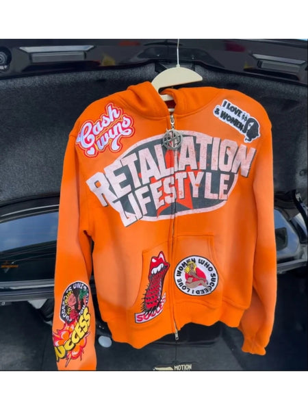 Urban Streetwear Hooded Zipper Hoodie - Vibrant Orange with Black & Red Japanese Anime Manga Graphic Print, Casual Pullover Sweatshirt Machine Washable