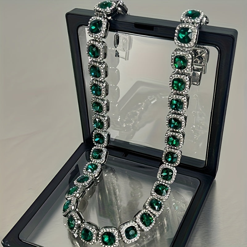 Green Rhinestone Choker, Men Hip-Hop Style Cuban Link Necklace, Durable Zinc Alloy with Iron Pendant, Trendy Unisex Accessory, Stylish Statement Jewelry