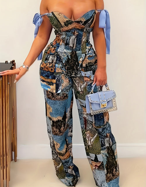 Load image into Gallery viewer, Two-Piece Set- Blue Printed Off-Shoulder Sleeveless Top with Cross Straps and Long Pants