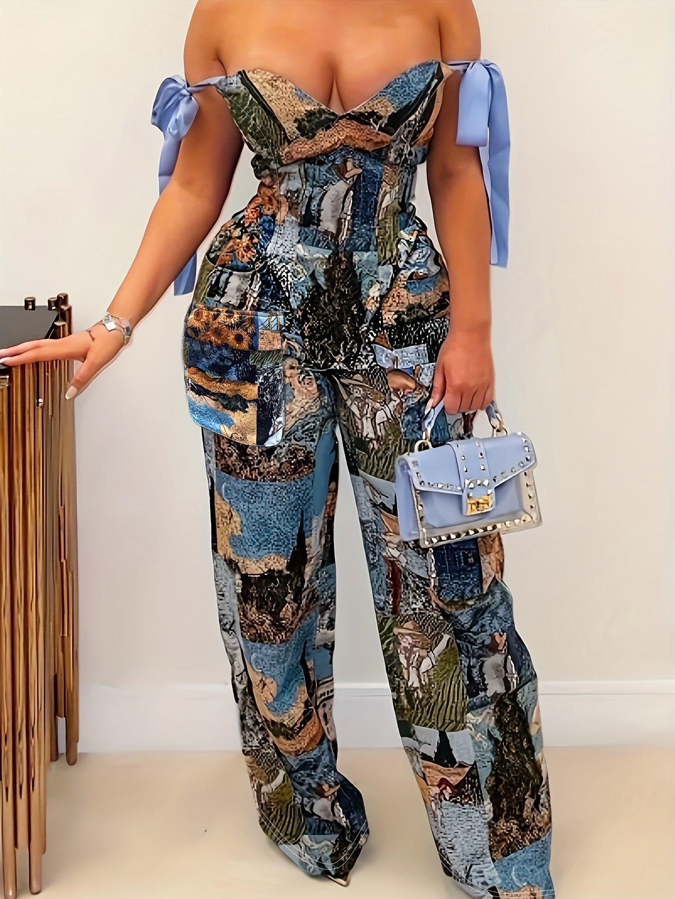 Two-Piece Set- Blue Printed Off-Shoulder Sleeveless Top with Cross Straps and Long Pants
