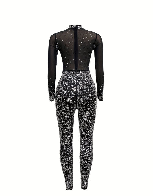 Load image into Gallery viewer, Solid Color Stand Neck Jumpsuit, Y2K Mesh Rhinestone Long Sleeve Jumpsuit For Spring & Summer, Women's Clothing