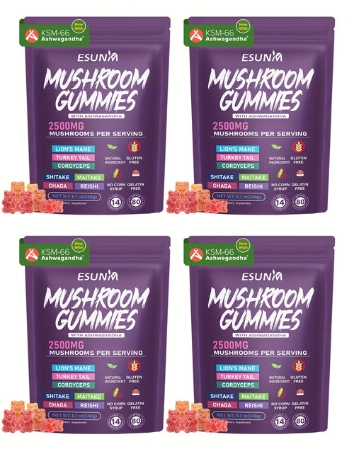 Load image into Gallery viewer, 1/2/3/4 Bags of Lion's Mane Mushroom Gummies, Ashwagandha Gummies - Contains Ganoderma, Cordyceps, Turkey Tail, Dancer's Mushroom, Shiitake and Bupleurum, Low Carb, 80 Gummies per Bag, ESUNM