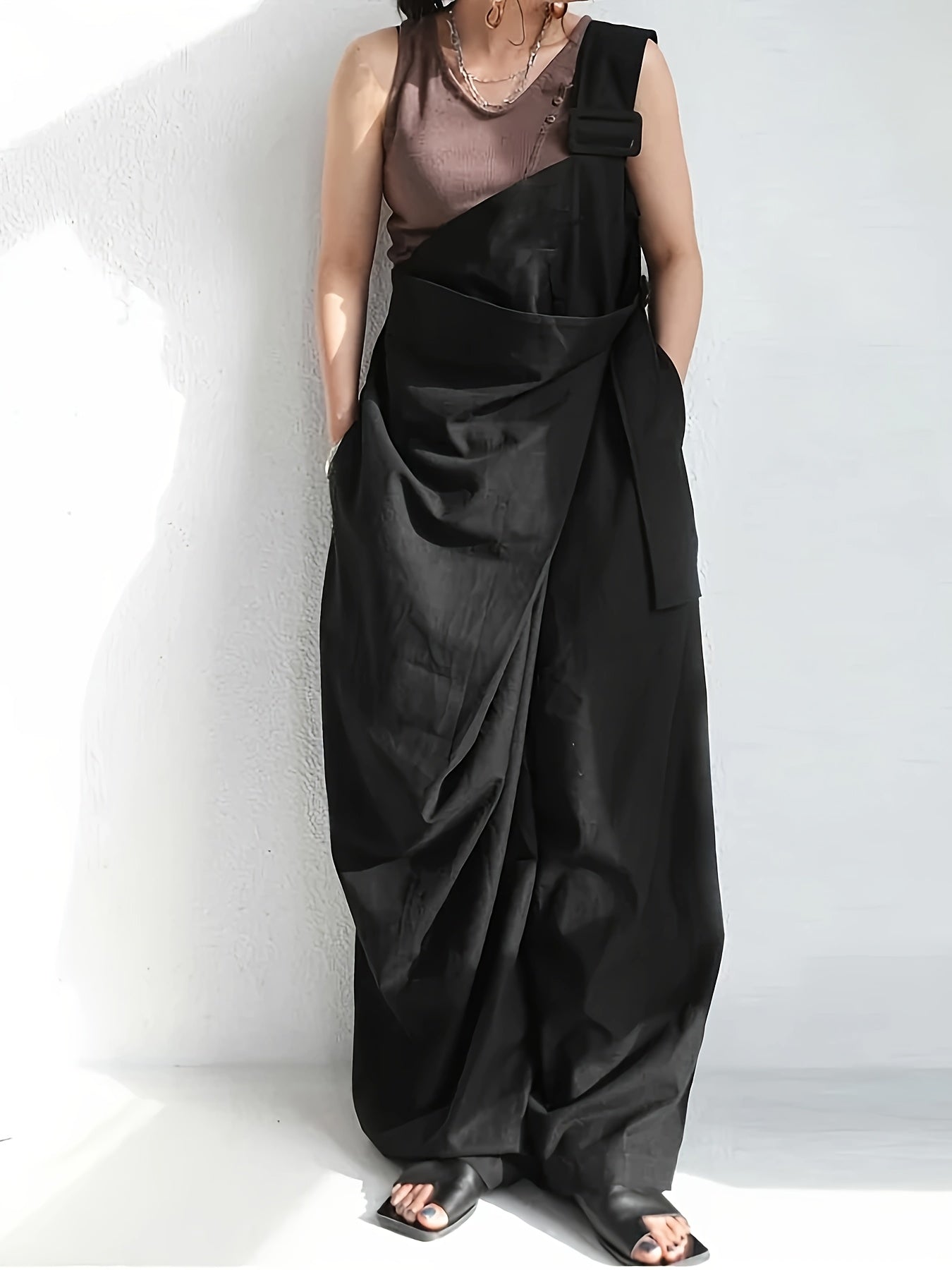 Unique Styled Women Wide-Leg Overalls with a Single Shoulder Strap (Without a Belt)