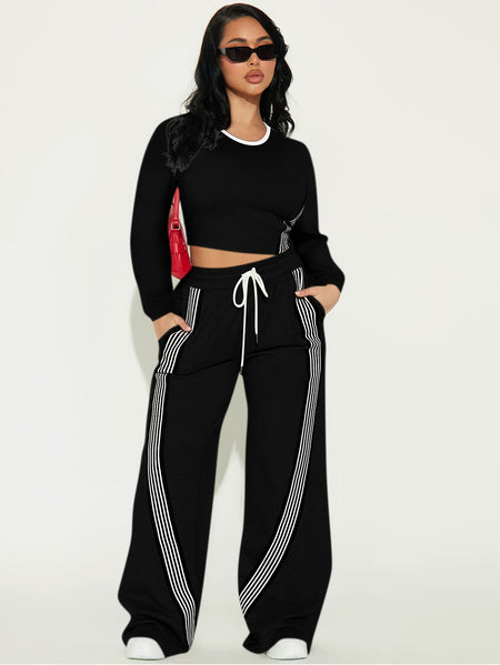 2pcs Women Casual Long Sleeved Top And Side Striped Style Drawstring Pocket Pants Set For Autumn And Winter