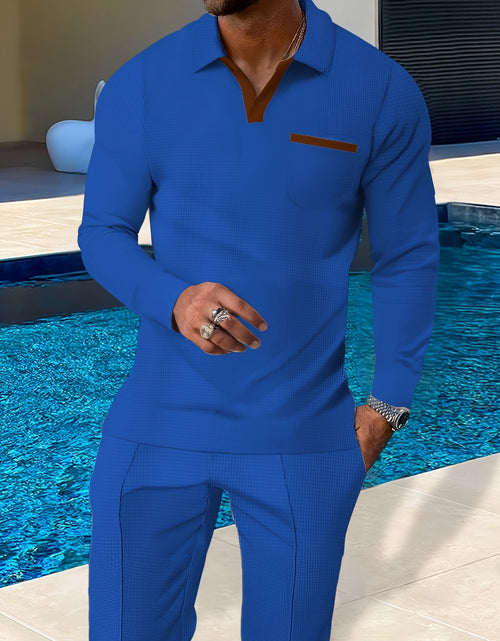 Load image into Gallery viewer, Breathable Lightweight Polyester Knit Set - Men's Casual Long Sleeve Lapel Collar Pullovers with Pockets, Slight Stretch, Regular Fit for Spring - Includes Belt, 100% Polyester