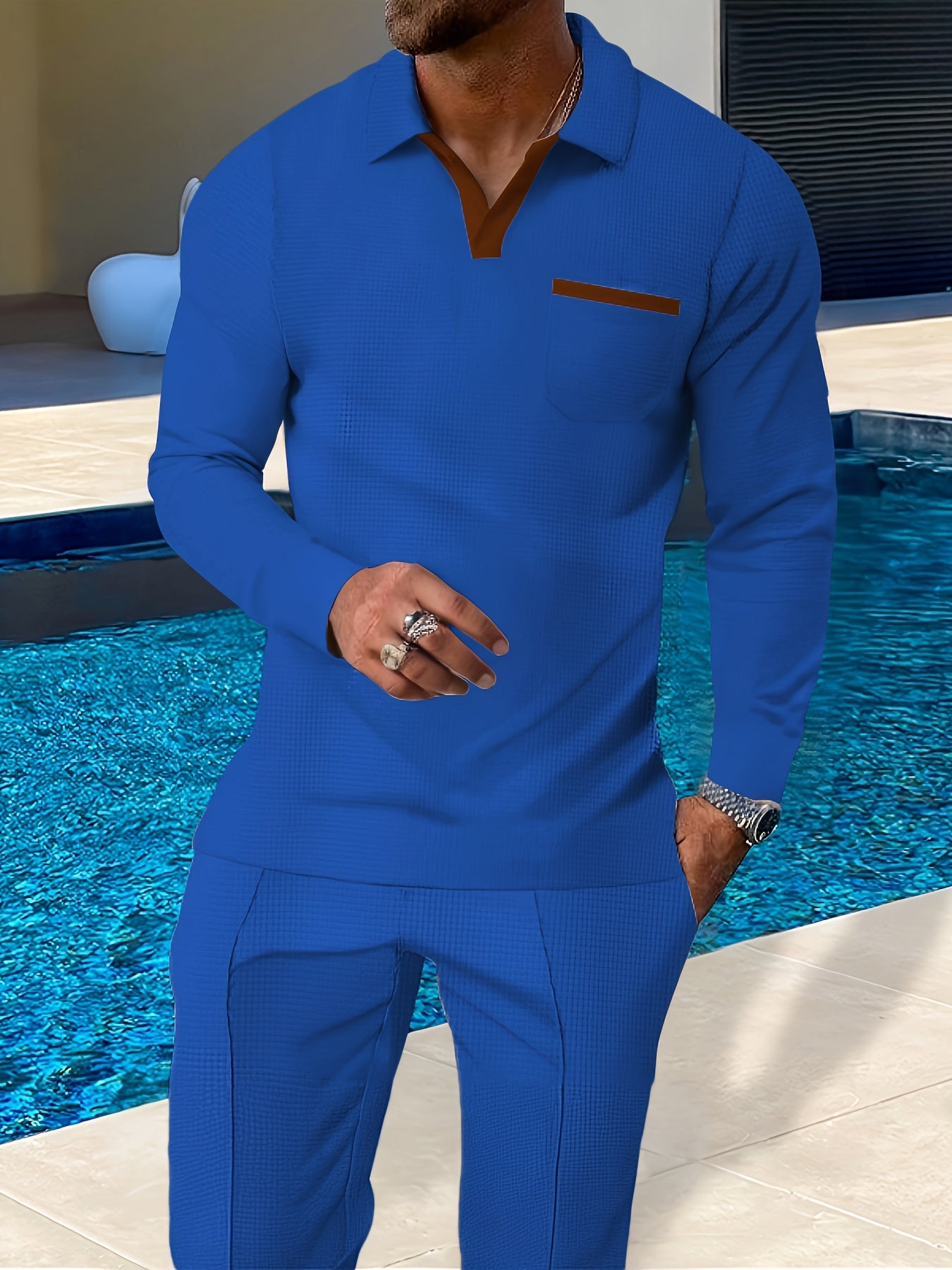 Breathable Lightweight Polyester Knit Set - Men's Casual Long Sleeve Lapel Collar Pullovers with Pockets, Slight Stretch, Regular Fit for Spring - Includes Belt, 100% Polyester