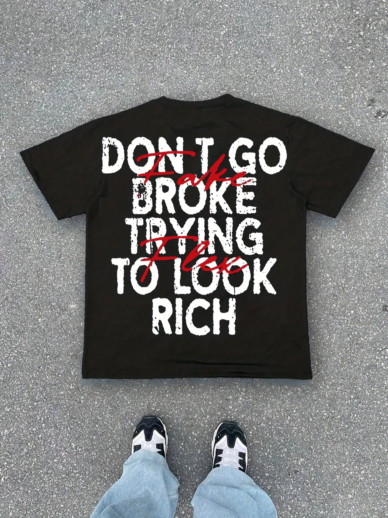 Comfortable Cotton Men's Double-Sided Printed T-Shirt - "Don't Go Broke Trying to Look Rich" Graphic, Round Neck, Casual Style for Casual Attire, Summer  Print Shirt Machine Washable