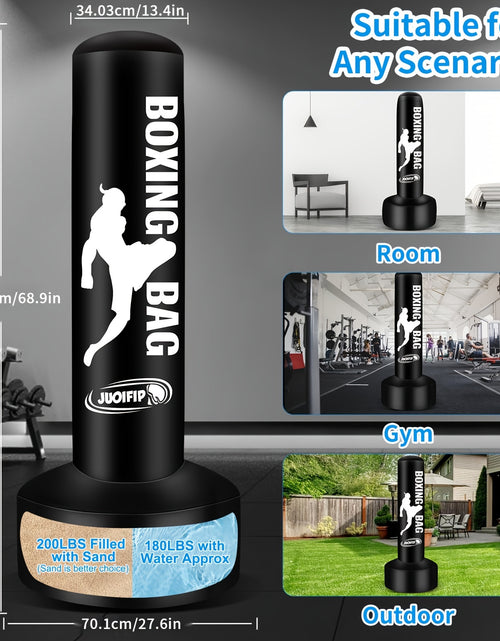 Load image into Gallery viewer, 68" Freestanding Punching Bag with Stand for Adults - Inflatable Heavy Bag for Kickboxing, MMA, Muay Thai Training - Includes Pump and Gloves - Black, Home Gym Equipment | Boxing Motif Design