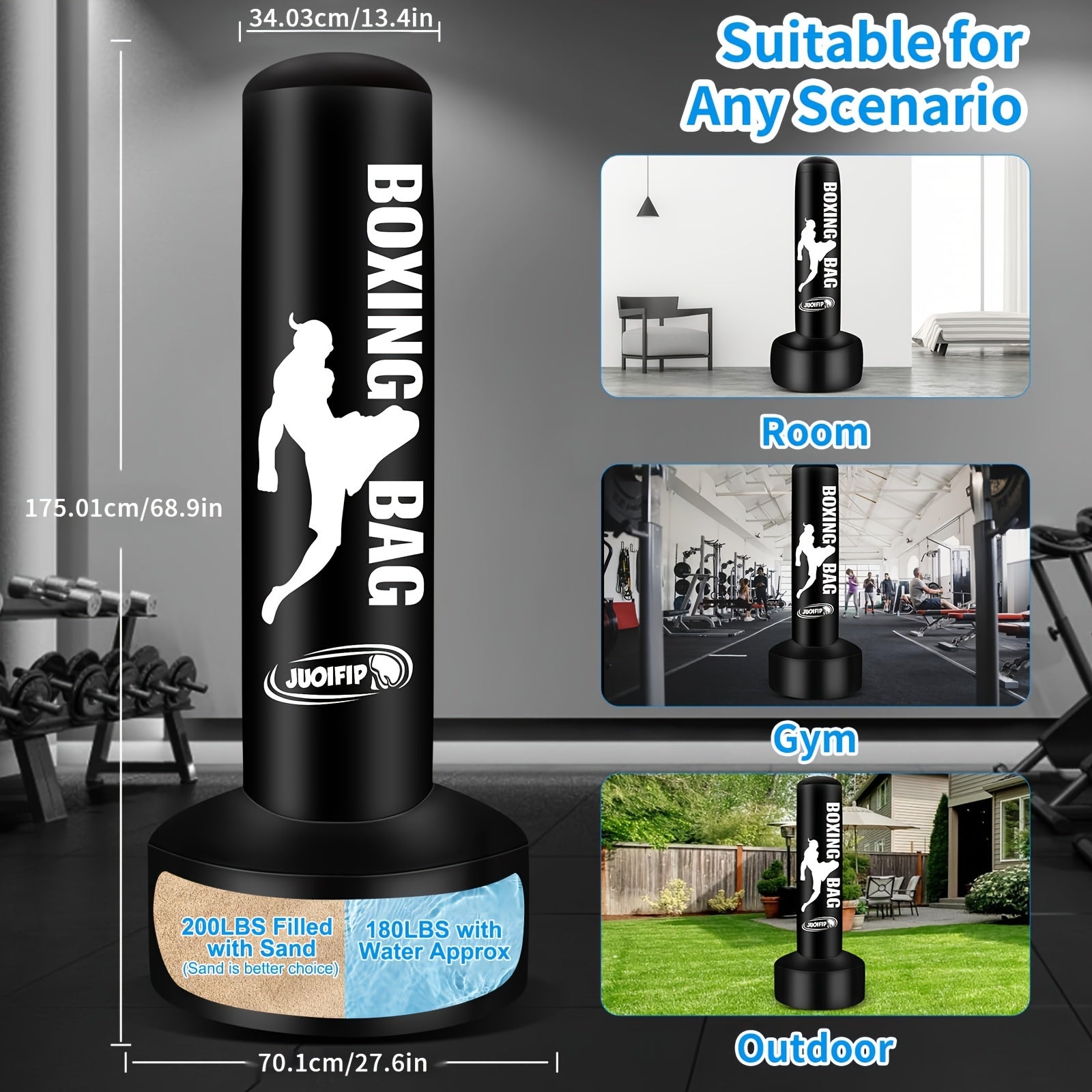 68" Freestanding Punching Bag with Stand for Adults - Inflatable Heavy Bag for Kickboxing, MMA, Muay Thai Training - Includes Pump and Gloves - Black, Home Gym Equipment | Boxing Motif Design
