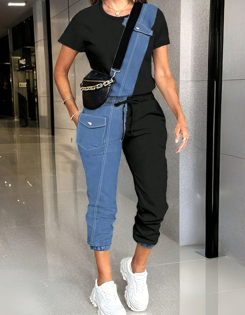 Load image into Gallery viewer, Ladies' Spring/Summer Casual Color blocked Short sleeved Pants Set  Round neck Short sleeved Top and Drawstring Pants Elegant and Loose,