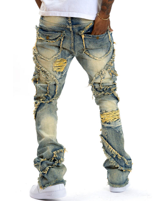 Load image into Gallery viewer, Men Black Stacked Jeans Slim Fit Ripped Jeans Destroyed Straight Denim Pants Hip Hop Trouser Streetwear
