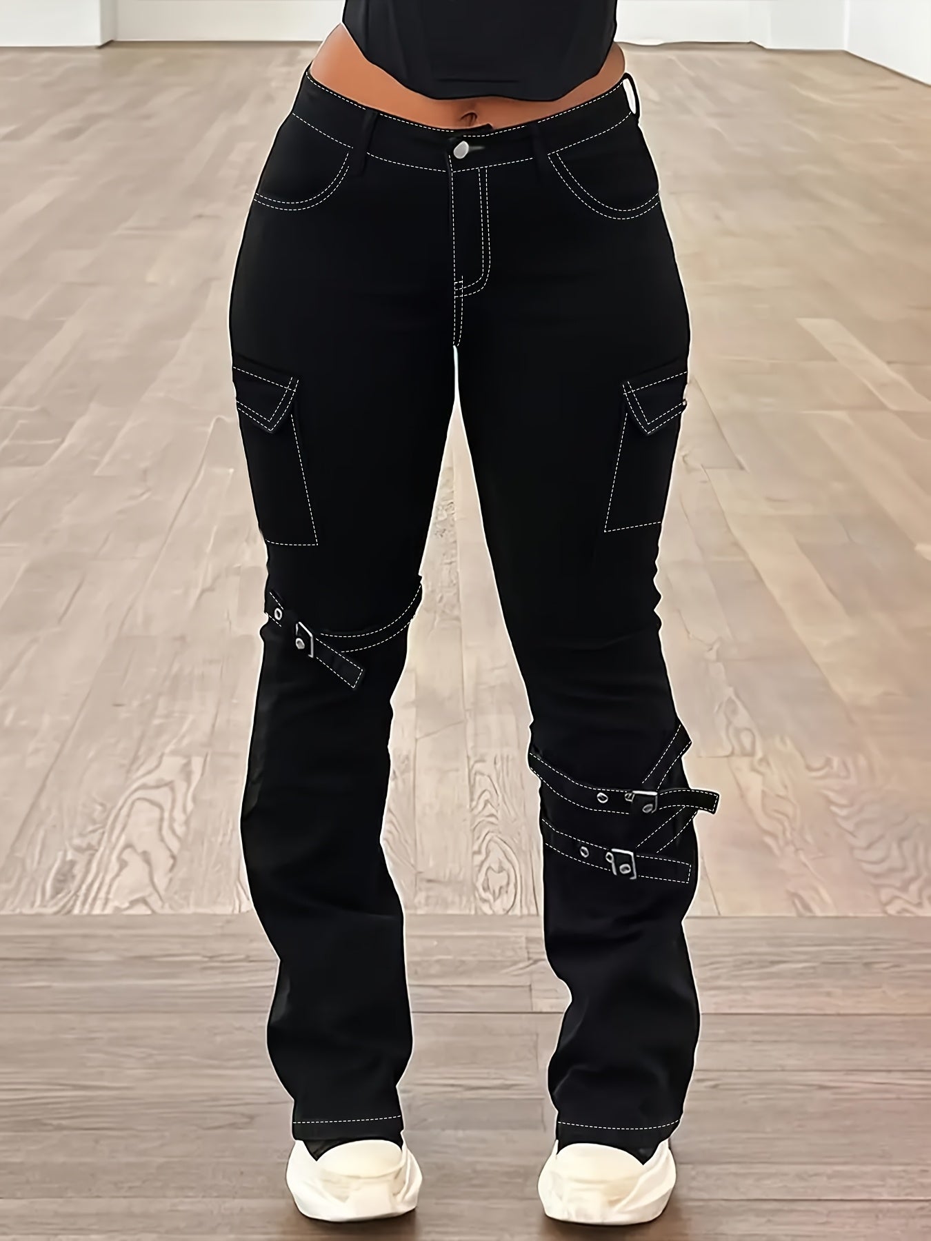 Plus Size Women American Retro Street Jeans - Solid Black Detachable Lace-Up Flap Side Pockets, Bootcut High Waist, Mature Comfortable Fashion Outfit