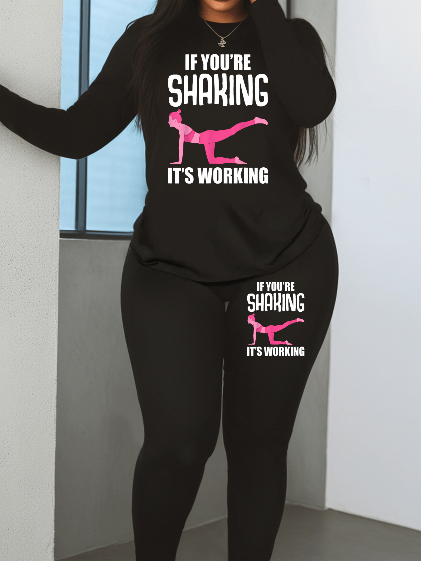 Women's Workout Set - 'If You're Shaking It's Working' Motivational Fitness Clothing | Long Sleeve Top & Leggings | Perfect for Gym and Yoga Sessions