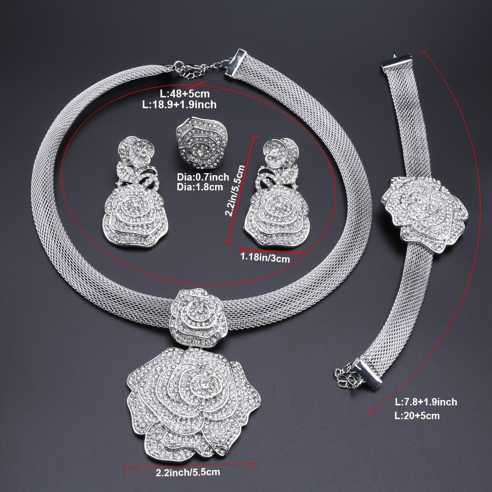Luxury Rhinestone Rose Necklace Set for Women, Alloy Jewelry Set with Earrings, and Bracelet,