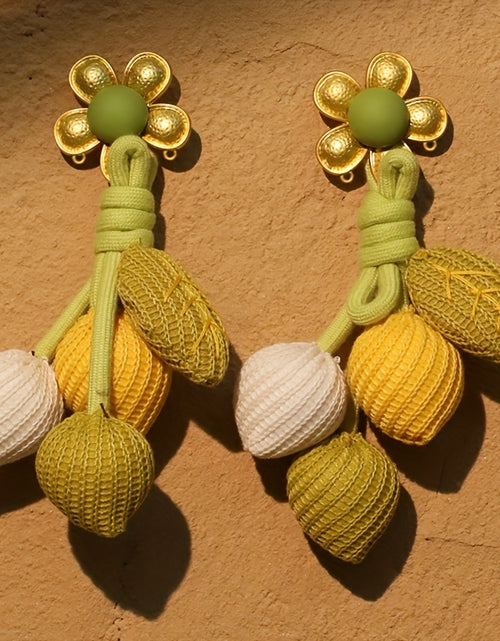 Load image into Gallery viewer, Boho-Chic Alloy Flower & Fabric Leaf Tassel Earrings - Stainless Steel Posts, Resin Accents, Bohemian Style, Unique Design