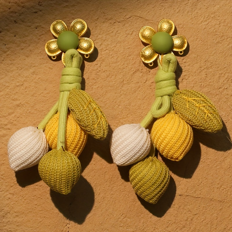 Boho-Chic Alloy Flower & Fabric Leaf Tassel Earrings - Stainless Steel Posts, Resin Accents, Bohemian Style, Unique Design
