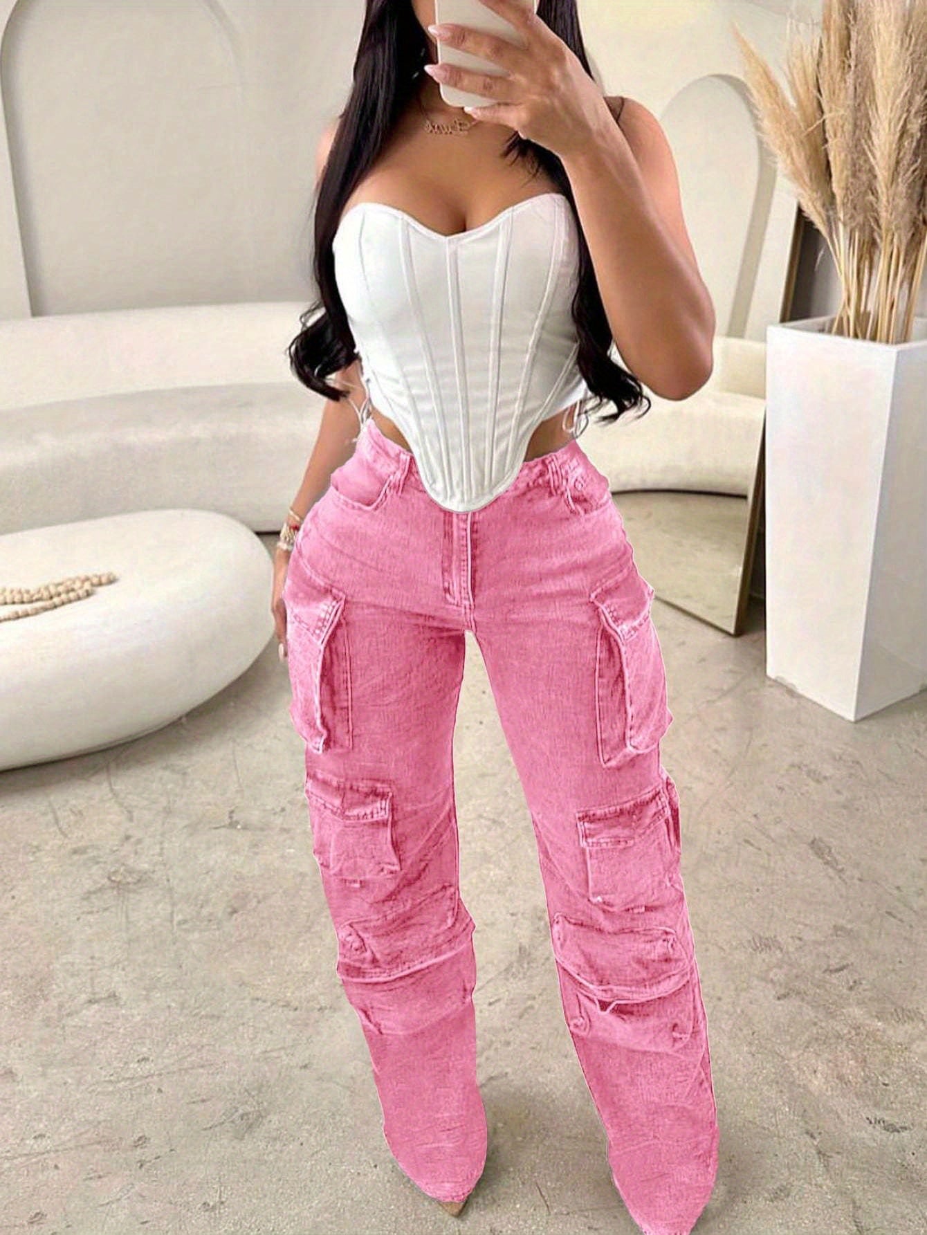 Women Cargo Jeans High Waisted Cargo Pants Y2k Baggy Wide Leg Denim Trousers With Flap Pockets
