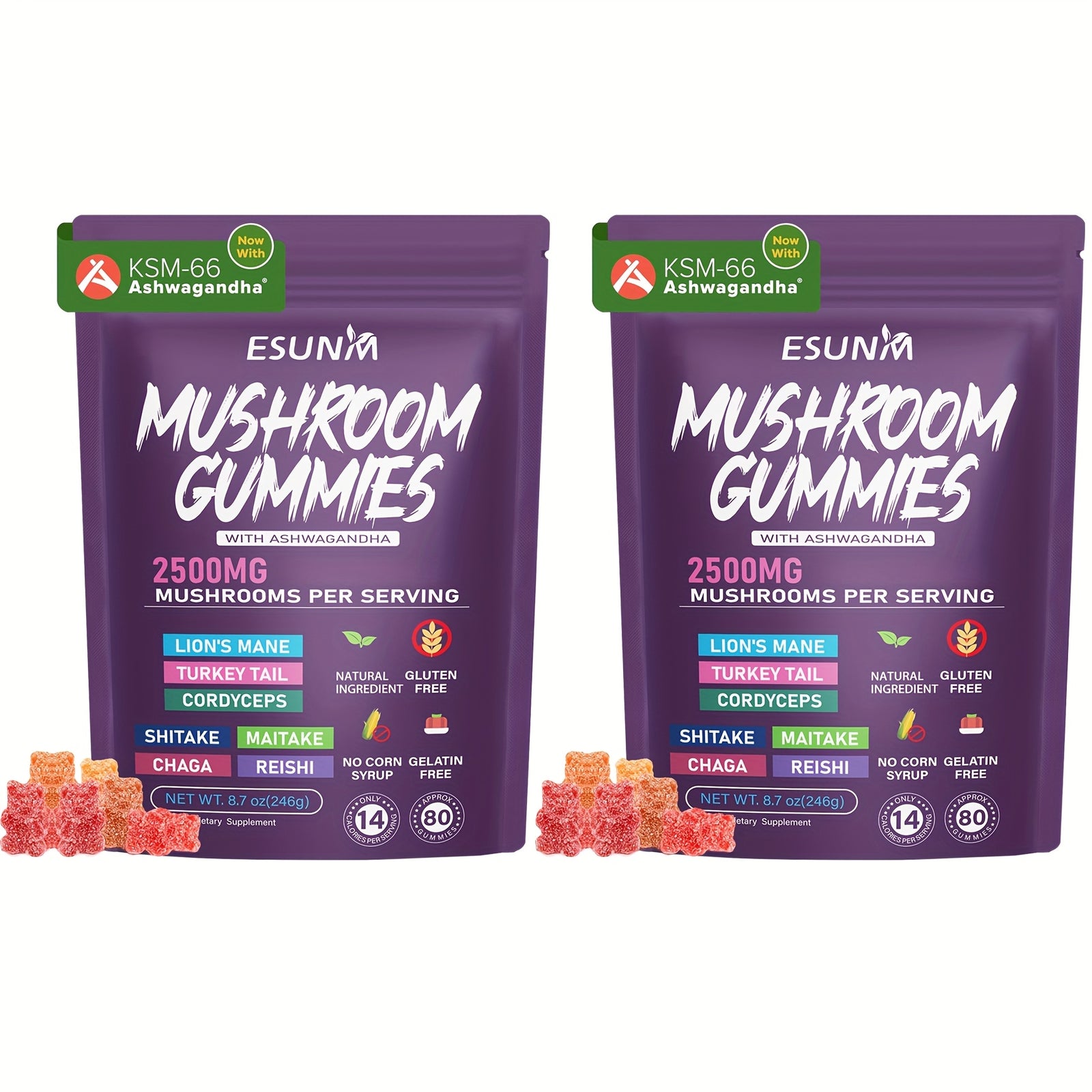 1/2/3/4 Bags of Lion's Mane Mushroom Gummies, Ashwagandha Gummies - Contains Ganoderma, Cordyceps, Turkey Tail, Dancer's Mushroom, Shiitake and Bupleurum, Low Carb, 80 Gummies per Bag, ESUNM