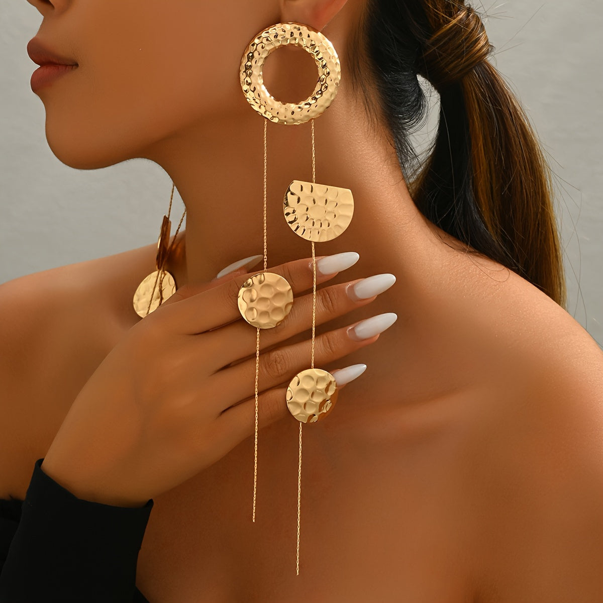 Pair Of Women's Fashionable Draped Earrings, Personalized Hammered Circle, Semi-circle, Geometric Tassel, Long Stud Earrings