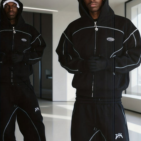 Men Hip-Hop Street Style Solid Color Sportswear Set - Loose Sweatshirt and Joggers, Unisex Zip-Up Hoodie Outfit, Fashionable Casual Wear, Sizes Run Small, Order One Size Up
