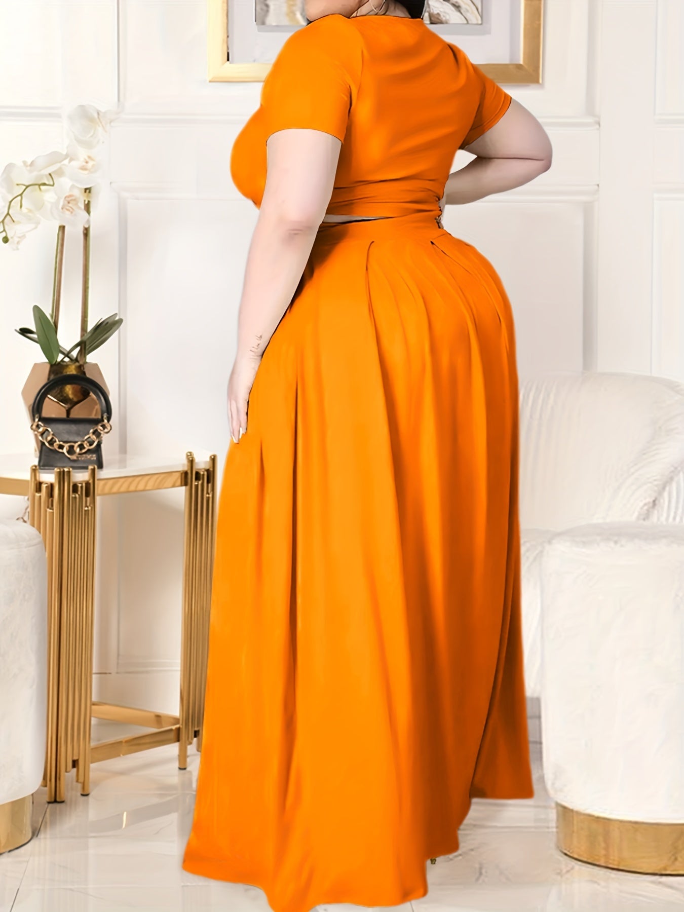 Plus Size Women's Solid Color Cross Tie Maxi Skirt Set, Casual Polyester Knit Dress with Short Sleeves, Round Neck, Pullover, Elastic Fabric, Fashionable Two-Piece Outfit