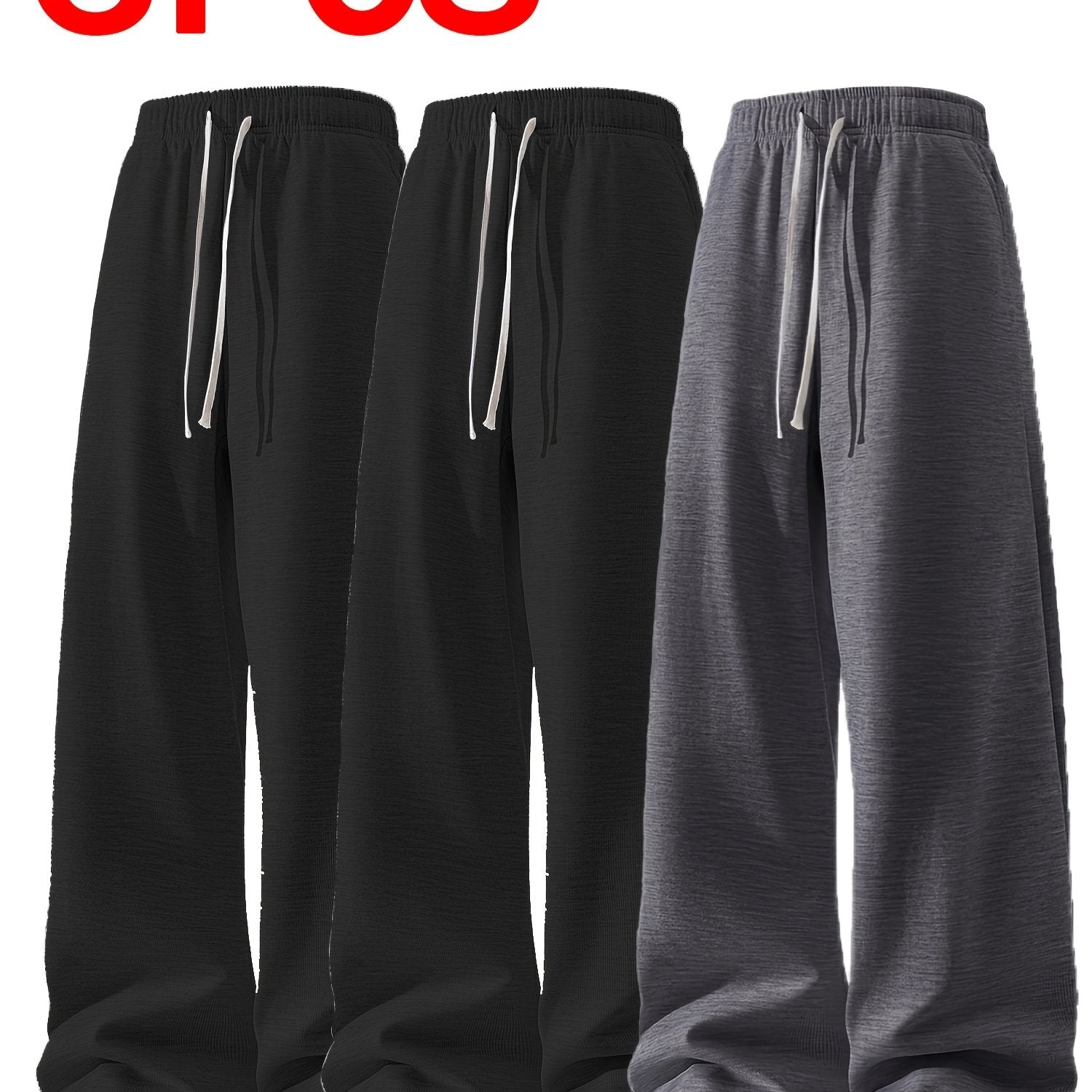 3pcs Men's Lightweight Soft Joggers - Elastic Drawstring Waist Loose Fit Straight Leg Pants with Side Pockets, Light Grey & Black/Dark Grey