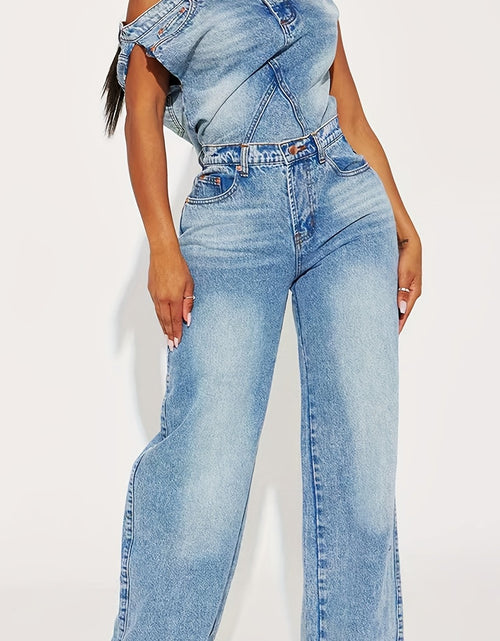 Load image into Gallery viewer, Women's Denim Jumpsuit - Y2K Inspired, Distressed Blue, Wide Leg, Asymmetrical Hem, Vintage 90s Style