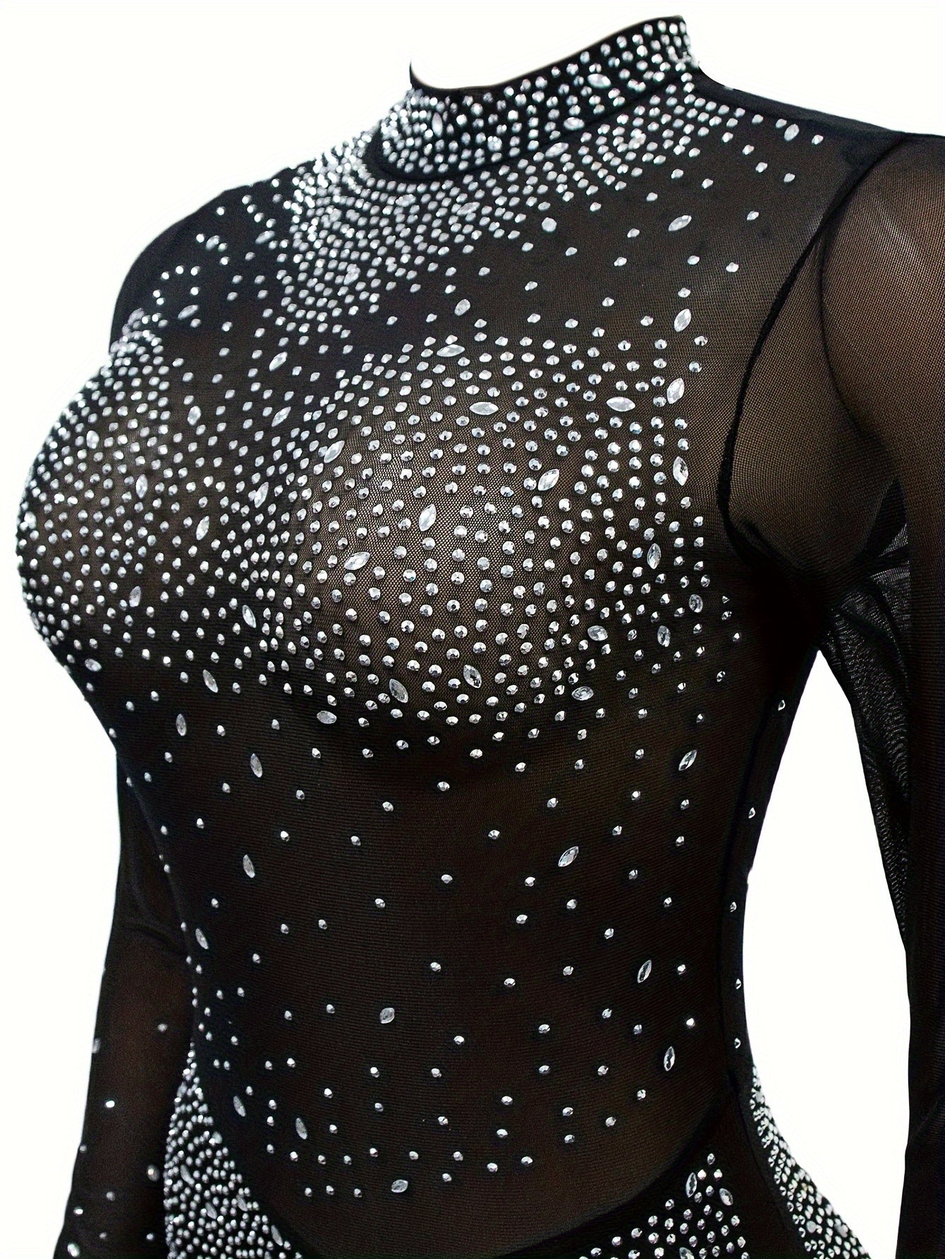 Solid Color Stand Neck Jumpsuit, Y2K Mesh Rhinestone Long Sleeve Jumpsuit For Spring & Summer, Women's Clothing