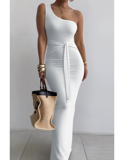 Load image into Gallery viewer, Women's Summer One-Shoulder Waist Tie Slim-Fit Pencil Dress - Sleeveless Elegant Solid Blue Long Dress for Casual & Formal Occasions