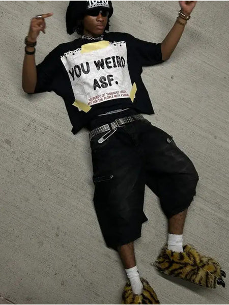 Men's 100% Cotton Retro Oversized T-Shirt - Black & Yellow Artist Print Short Sleeve Round Neck Casual Streetwear Tee with Music Producer Style Slogan