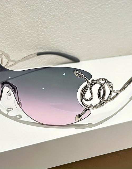 Load image into Gallery viewer, Y2K Style Frameless Glasses with Snake Design Hinges - Zinc Alloy, Clear PC Lenses, Futuristic Metallic Finish for Streetwear Fashion