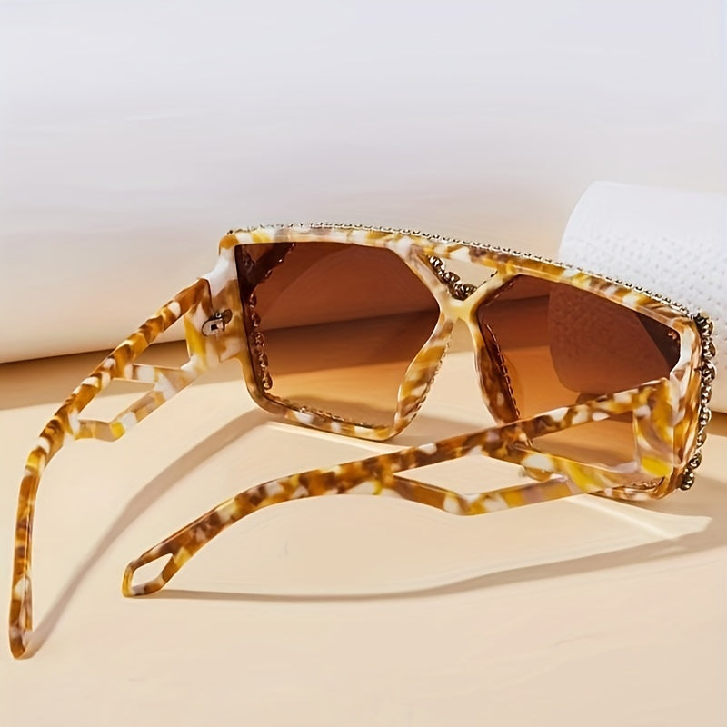 Large Rhinestone Adorned Hollow Geometric Mirror Sunglasses -
