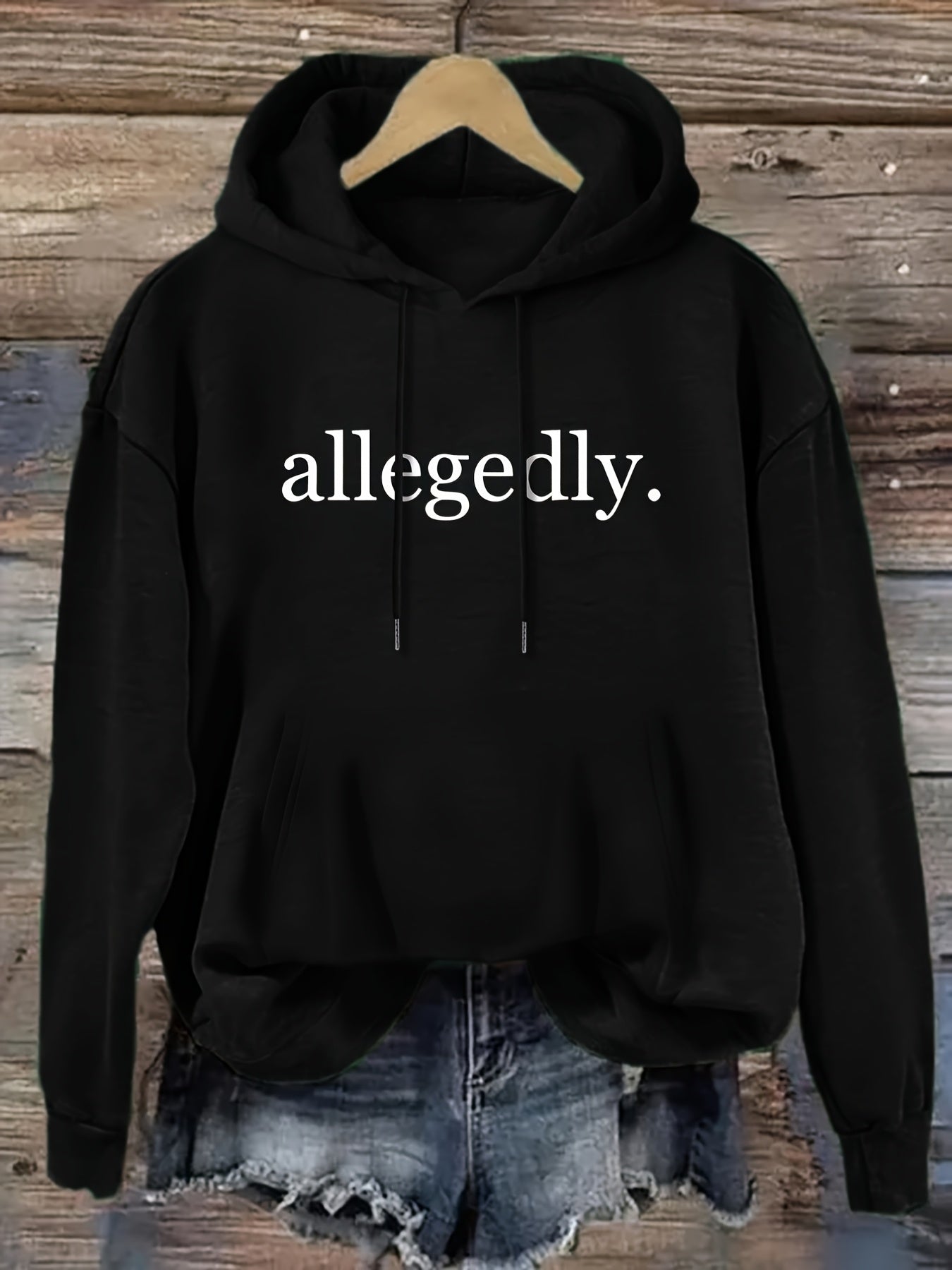 Women's Black Hoodie with Allegedly Text Print - Soft Fleece-Lined Pullover Sweatshirt, Kangaroo Pocket & Loose Fit for Everyday Winter and Fall Outfits - Machine Washable
