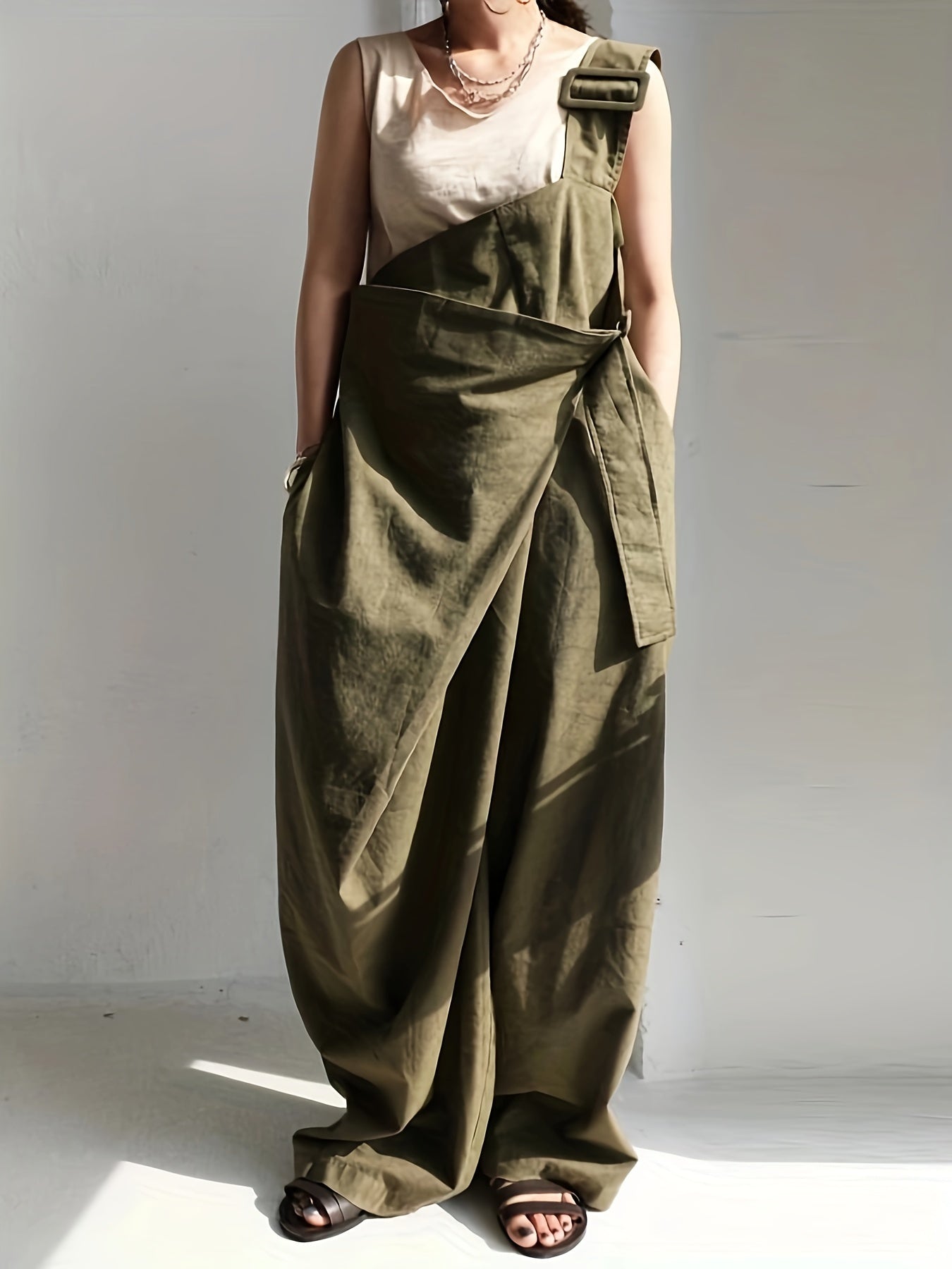 Unique Styled Women Wide-Leg Overalls with a Single Shoulder Strap (Without a Belt)