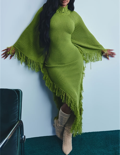 Load image into Gallery viewer, Long Sleeve Batwing Fringe Trim Sweater Dress For Women, High Neck Maxi With Asymmetrical Hem, Sexy And Chic Style