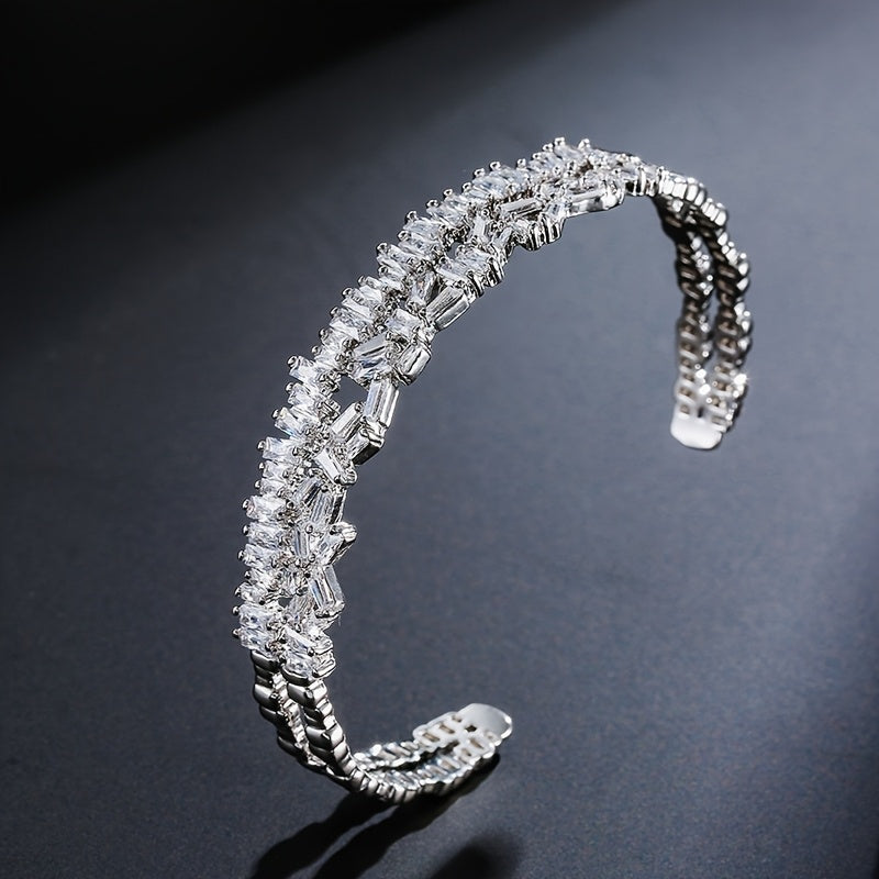 Luxury Double Layer Open Cuff Bracelet with Sparkling Synthetic Zirconia Stones