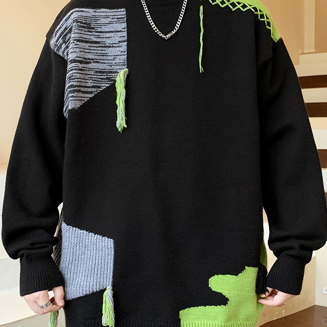 Men Preppy Crew Neck Sweater - Skinny Fit Thick Warm Knit Sweater, Grey/Black/White/, Fall Winter Office & Casual Outfits, Autumn Wardrobe, Long Sleeve Top, Textured Fabric