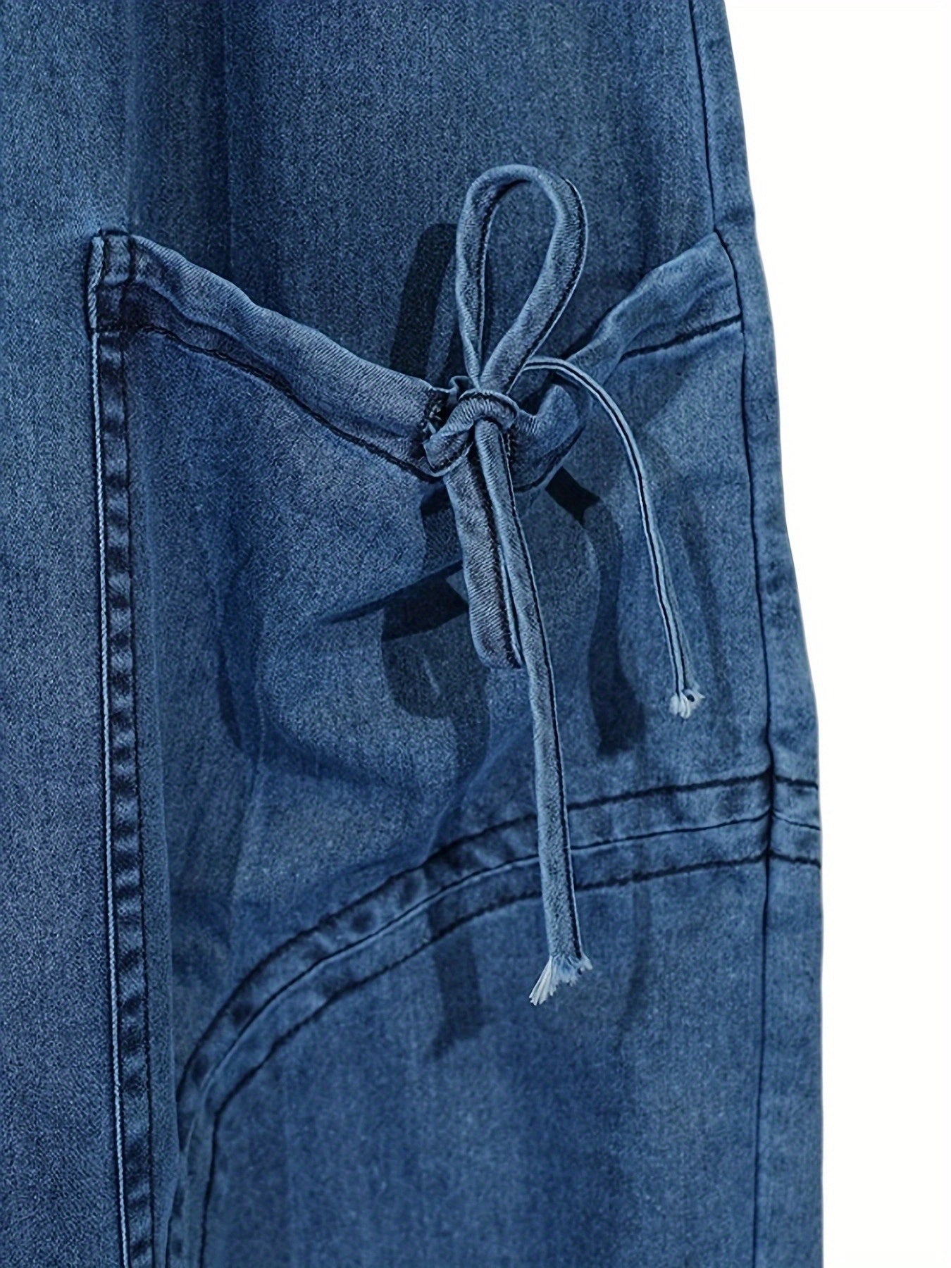 Women Baggy Denim Harem Pants - Elastic Drawstring Waist Wide Leg Jeans With Bow Tie & Pockets  (Vintage Distressed Wash)