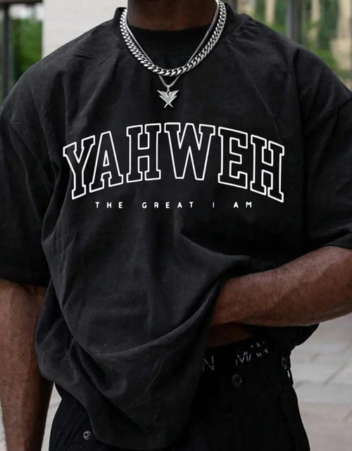 Load image into Gallery viewer, 1pc Men Casual Street Style T-Shirt - 100% Cotton, Short Sleeve, Round Neck, Loose Fit, Heat Transfer Printed "Yahweh The Great I Am" Design, Regular Length Tee for All Seasons