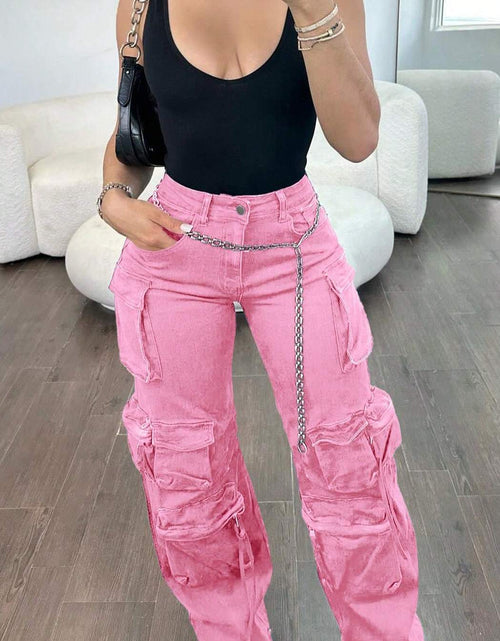 Load image into Gallery viewer, Women Cargo Jeans High Waisted Cargo Pants Y2k Baggy Wide Leg Denim Trousers With Flap Pockets