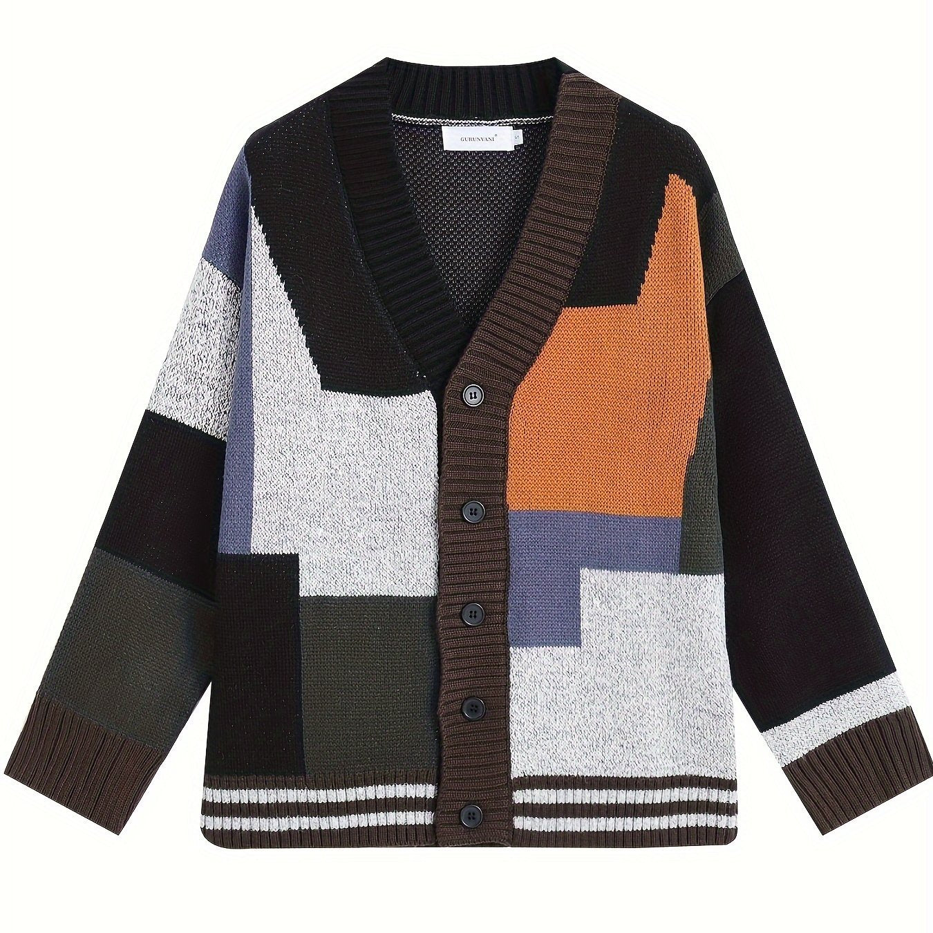 Spring and Autumn Color Block Cardigan Sweater Trendy V-Neck Knit Sweater Casual Men Clothing