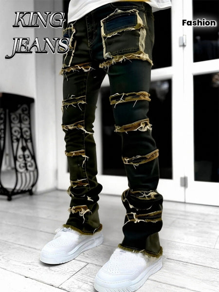 - Men Slim Straight Denim Trousers Featuring Layered Rips And Patchwork - Mid-Rise with a Zipper, Fringed Design, Ideal for Street Fashion,