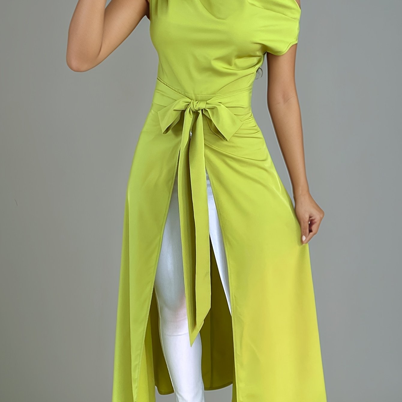 Elegant Off-Shoulder Lime Green Maxi Dress with Front Slit and Tie Waist - Long Sleeve, Polyester Blend, Sophisticated Knot Detail for Women