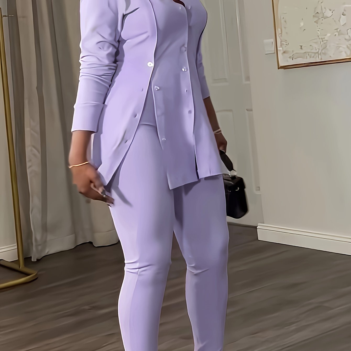 Casual Simple Button Slit Solid Color Shirt Collar Long Sleeve Two Piece Pant Outfit