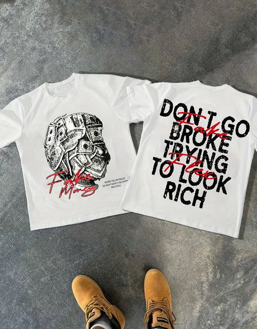 Load image into Gallery viewer, Comfortable Cotton Men's Double-Sided Printed T-Shirt - "Don't Go Broke Trying to Look Rich" Graphic, Round Neck, Casual Style for Casual Attire, Summer  Print Shirt Machine Washable