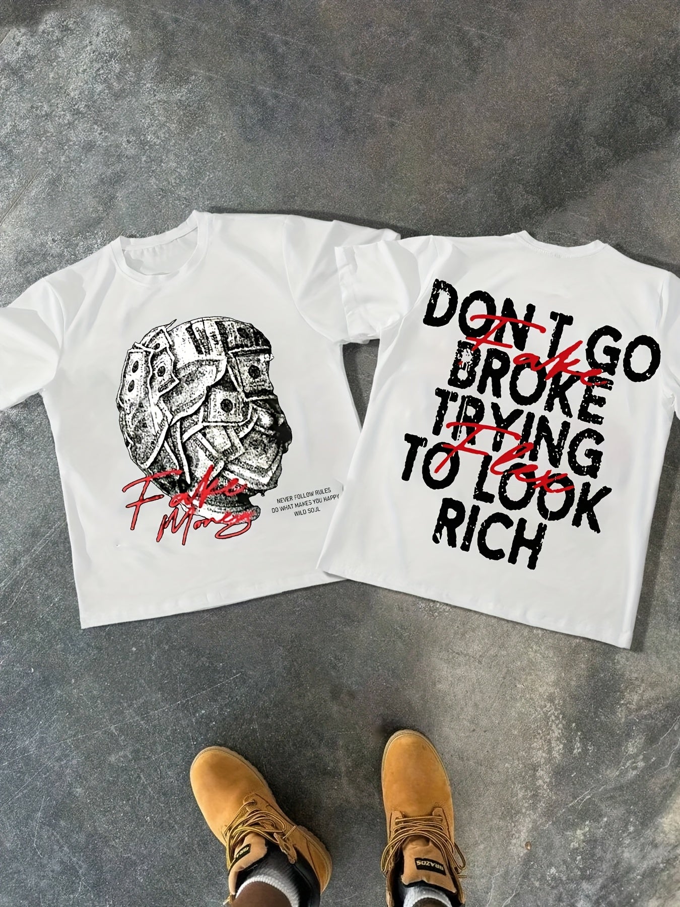 Comfortable Cotton Men's Double-Sided Printed T-Shirt - "Don't Go Broke Trying to Look Rich" Graphic, Round Neck, Casual Style for Casual Attire, Summer  Print Shirt Machine Washable